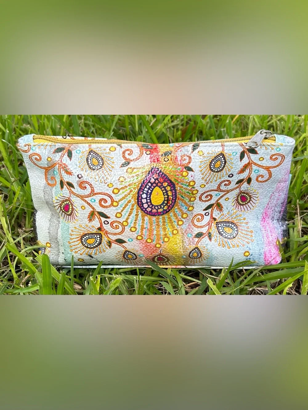 Papaya Art White Cosmetic Bag with Colorful Peacock Motif